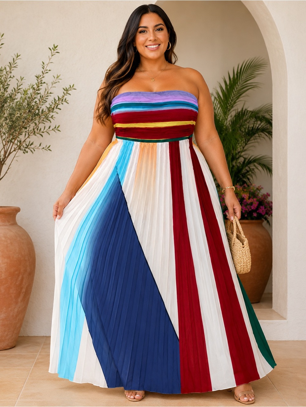 Sz XL Strapless Pleated Maxi Dress Colorblock Multicolor Boho Summer Long Dress